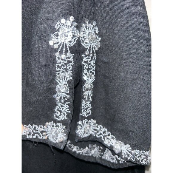 Edward Woman Sz PLUS 2X Black Silver Embroidered Beaded Linen Top Lagenlook EUC - Picture 5 of 8